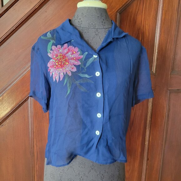 Vintage Robbie Bee Womens Navy Blue Embellished Floral Blouse Size 10 - Picture 1 of 6